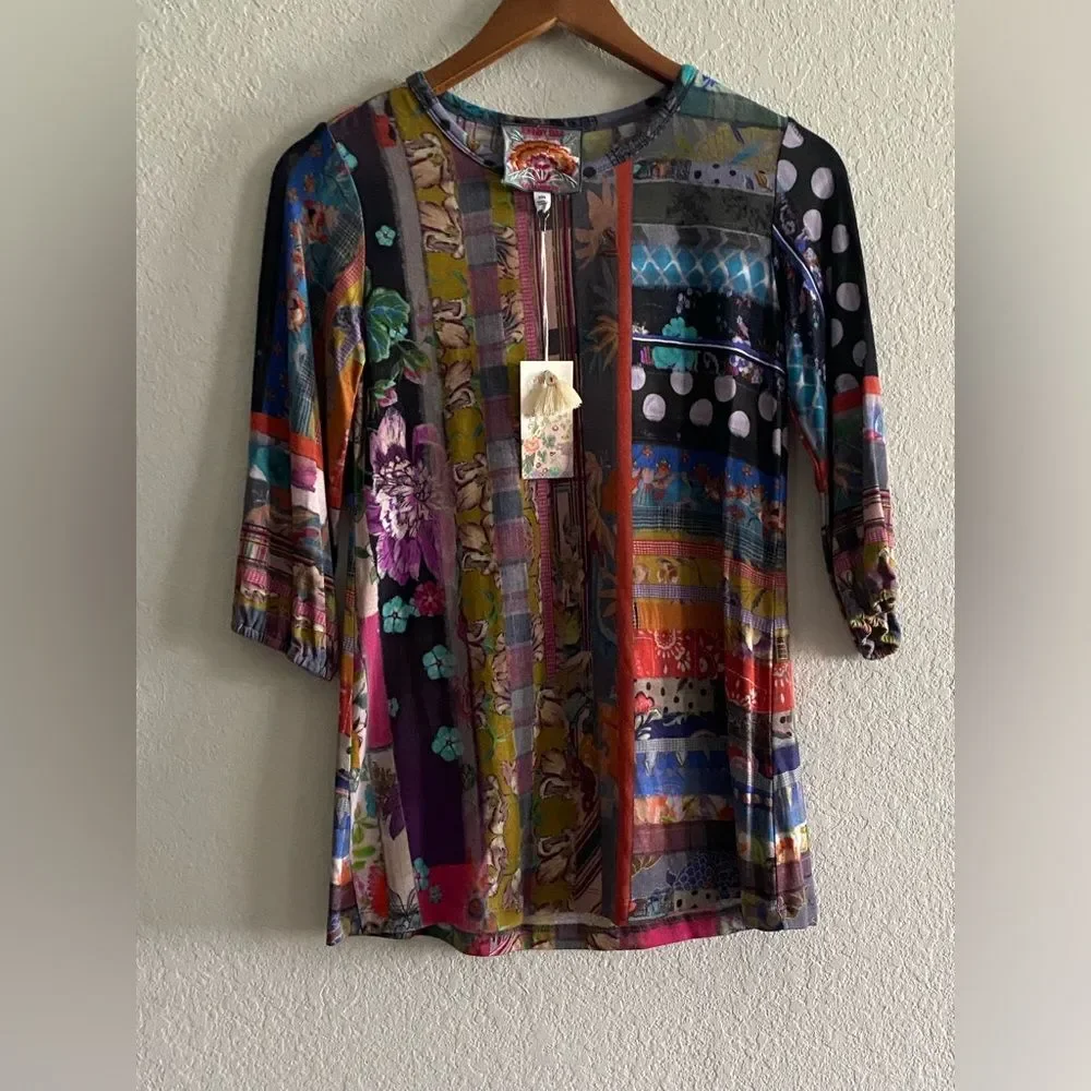 NWT Johnny Was Sonnet Patchwork Puff Sleeve Lightweight 3/4 sleeve Shirt XXS